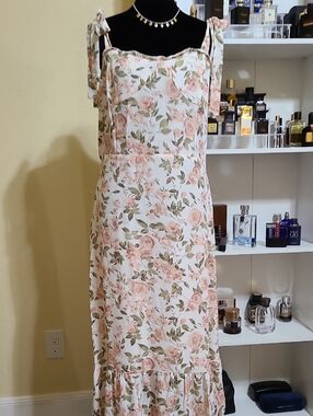 O.p.t. XL Tie-Shoulder Floral Maxi Dress in Pink & Cream
